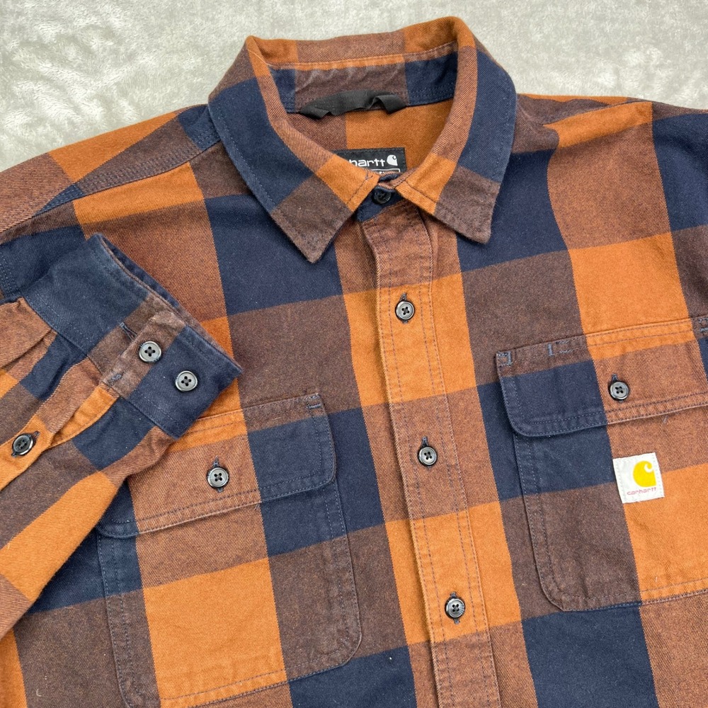 Carhartt Flannel Shirt Mens Medium Orange Navy Blue Buffalo Plaid Loose Fit
